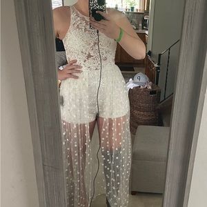 LuLus White Lace Bridal Romper with Skirt